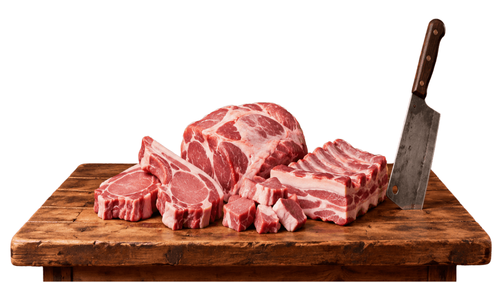 Mesa de carnicero rústica con cortes de cerdo y un cuchillo
